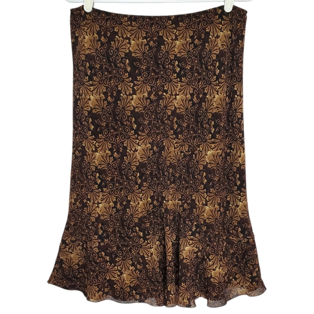2536 * Biyaycda Career Vintage Flowy Hem Midi Skirt Brown Tan Gold Print Size S